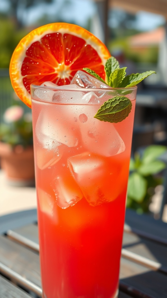 A refreshing blood orange tequila fizz cocktail garnished with a blood orange slice and mint leaves in a sunny setting.